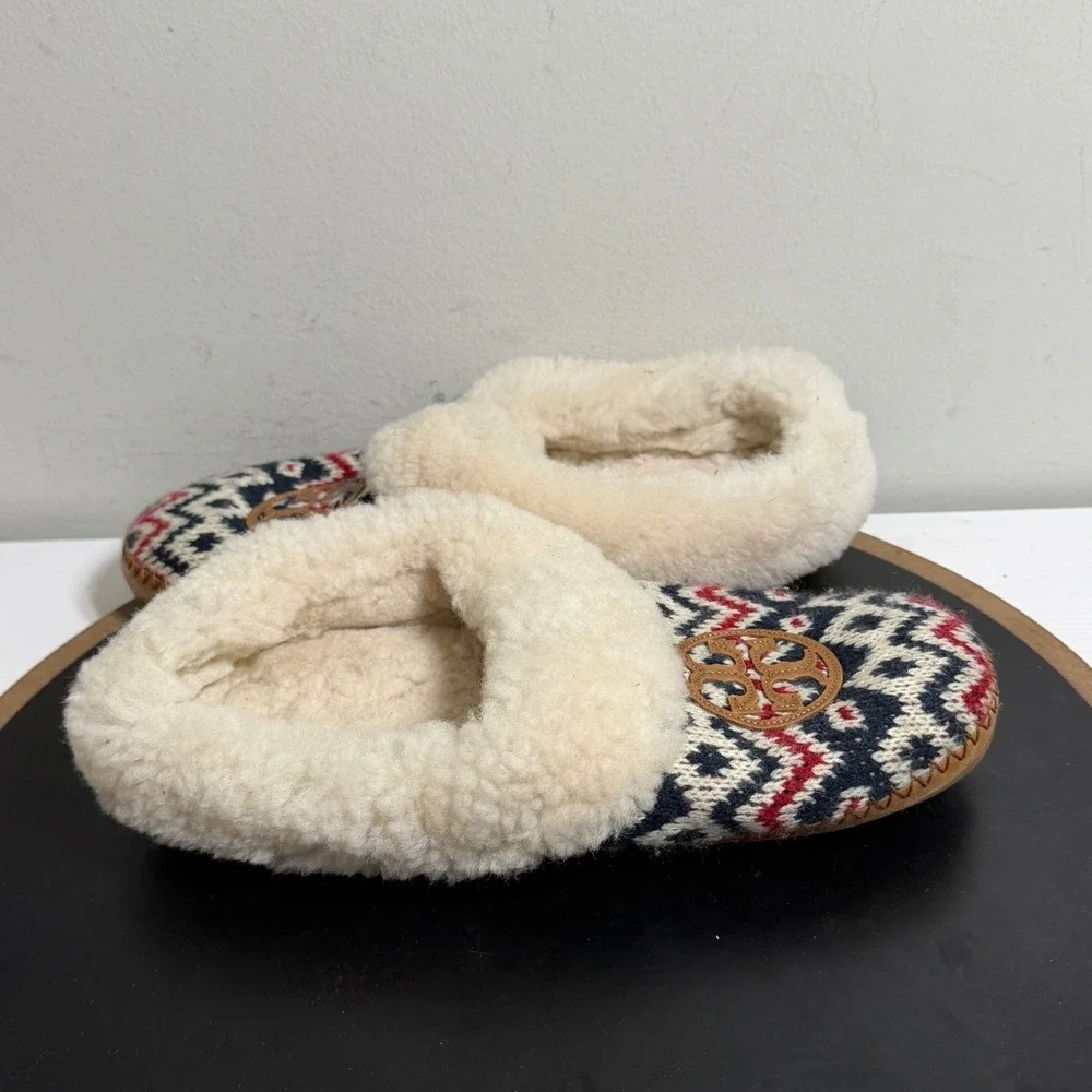 Tory Burch Shearling Slippers Women US 8 Fair Isle Knit Cozy House Shoes Indoors
